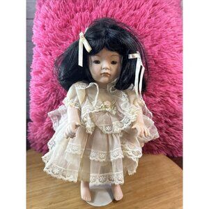 MANN 14" PORCELAIN DOLL Black HAIR Brown EYES Pale Pink DRESS W/ LACE doll Stand